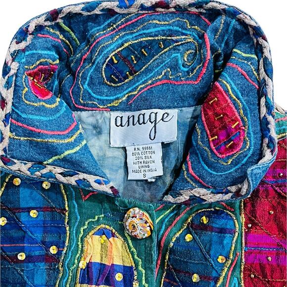 VTG 90s Anage Art To Wear Jacket Women’s S Silk Cotton Beaded Patchwork Boho Y2K - Picture 2 of 16